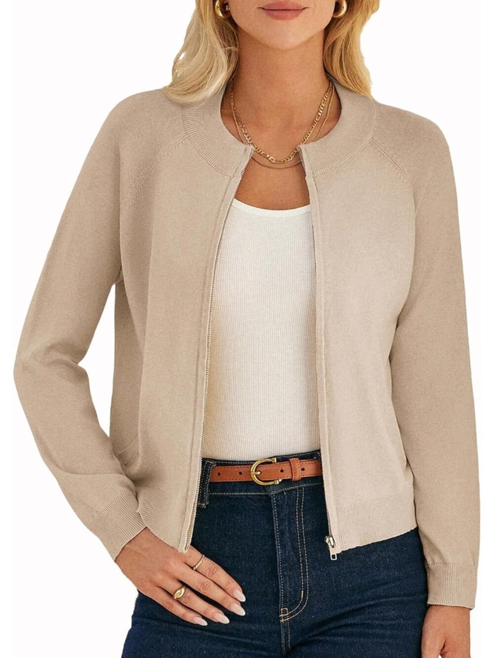 〽️Women's Khaki Long Sleeve Zip Up Cardigan Lightweight Knitted Sweater Jacket